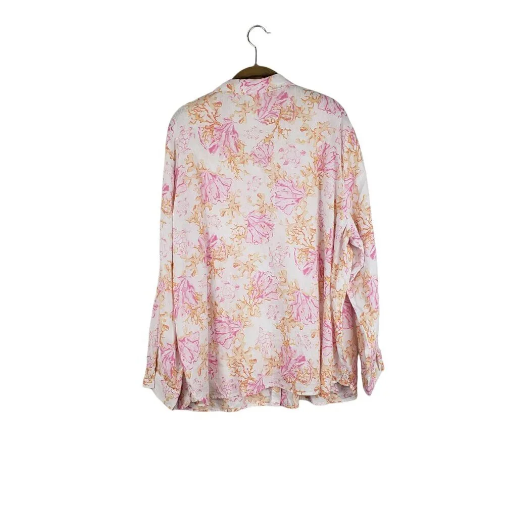 J Jill Love Linen Button Up Shirt Pink Orange Coral Turtle Long Sleeve Size XL - Picture 2 of 8